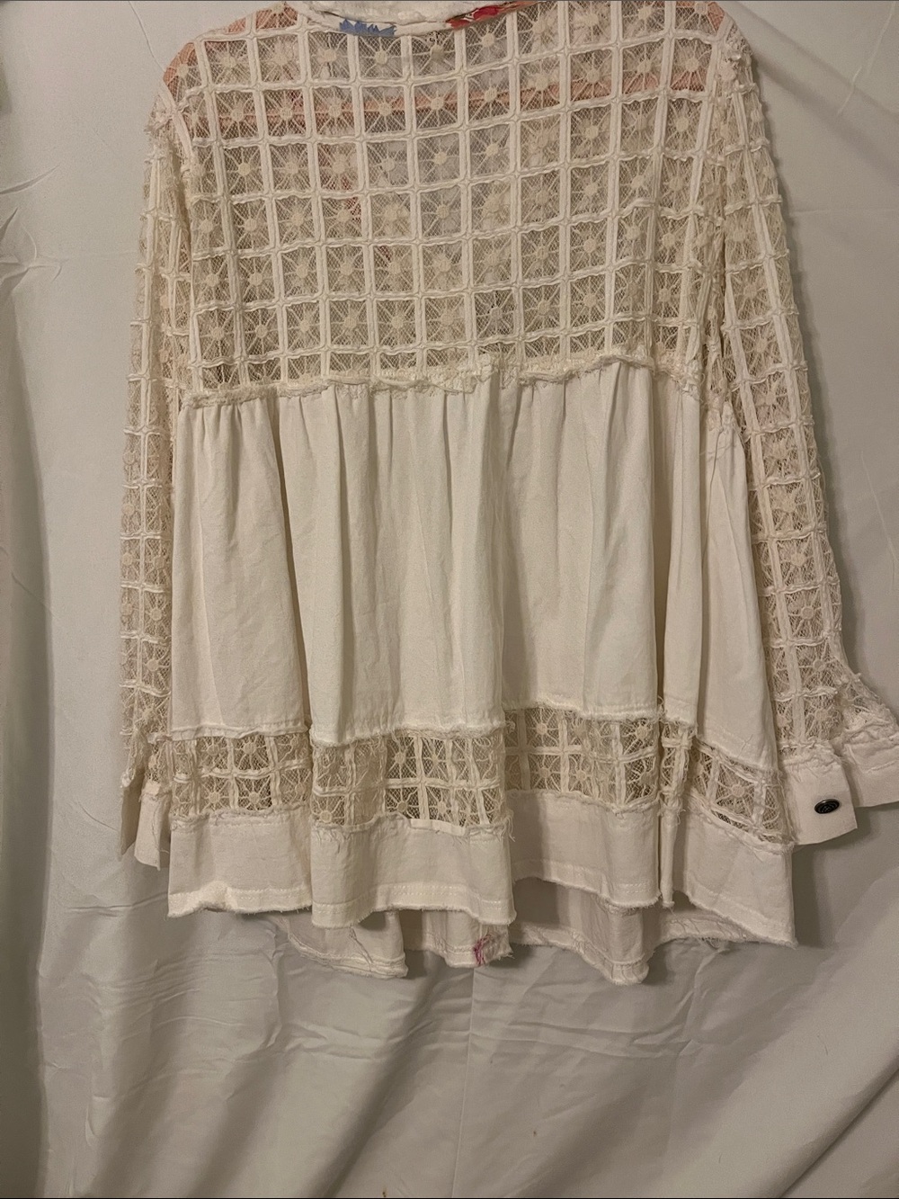 POL Cream Crochet-Panel Button Front Peplum Blouse with Multicolor Trim - Picture 5 of 6